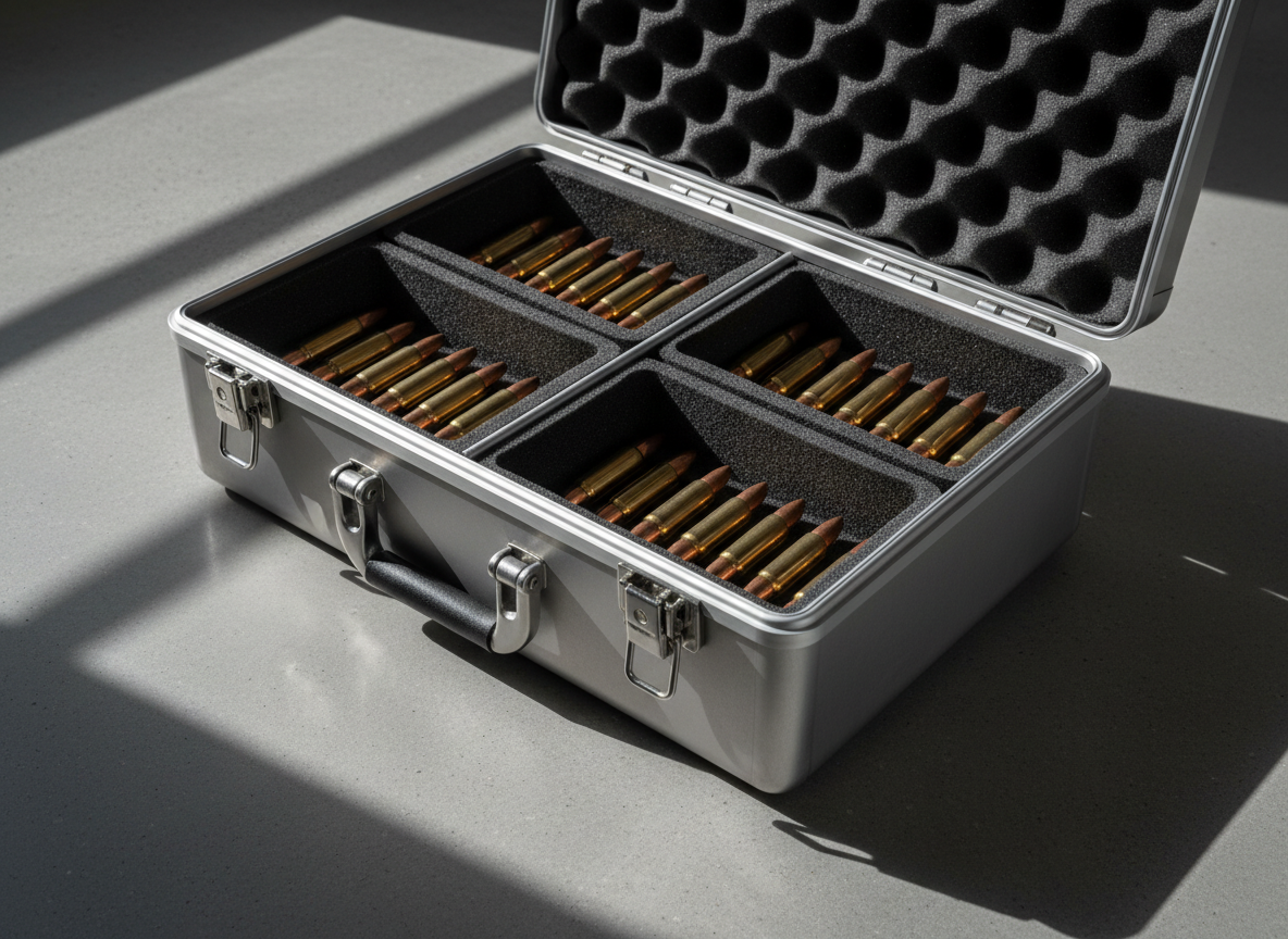 A close-up of a pristine shooting range lane divider, its surface a combination of smooth brushed aluminum and matte black polymer, standing out sharply against an almost pure white, featureless background. A bold target silhouette is visible just beyond the divider, slightly out of focus, under strong cross-lighting that casts exceptional contrast and deep shadows along the edges. Captured from an oblique, slightly forward-facing angle, the image highlights the tactile details of the materials. The visual is intensely focused and modern, supporting the site’s bold identity with a powerful photographic minimalism.